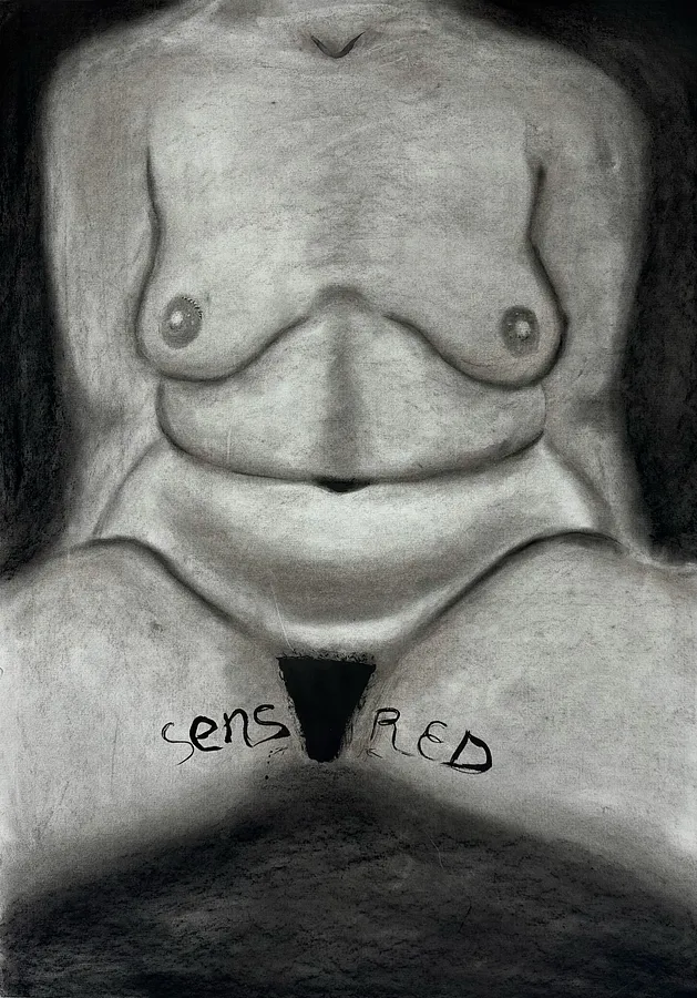 Зображення "Sense Red/Cennsored" від Дарʼя Бутряшкіна , розмір: 100x70 см, матеріали: Вугілля, туш на папері, медіум: Графіка, місто: Львів, ціна: $200